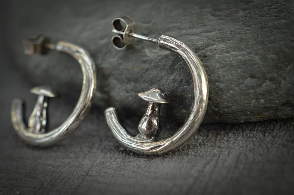 Sterling silver mushroom hoop earrings