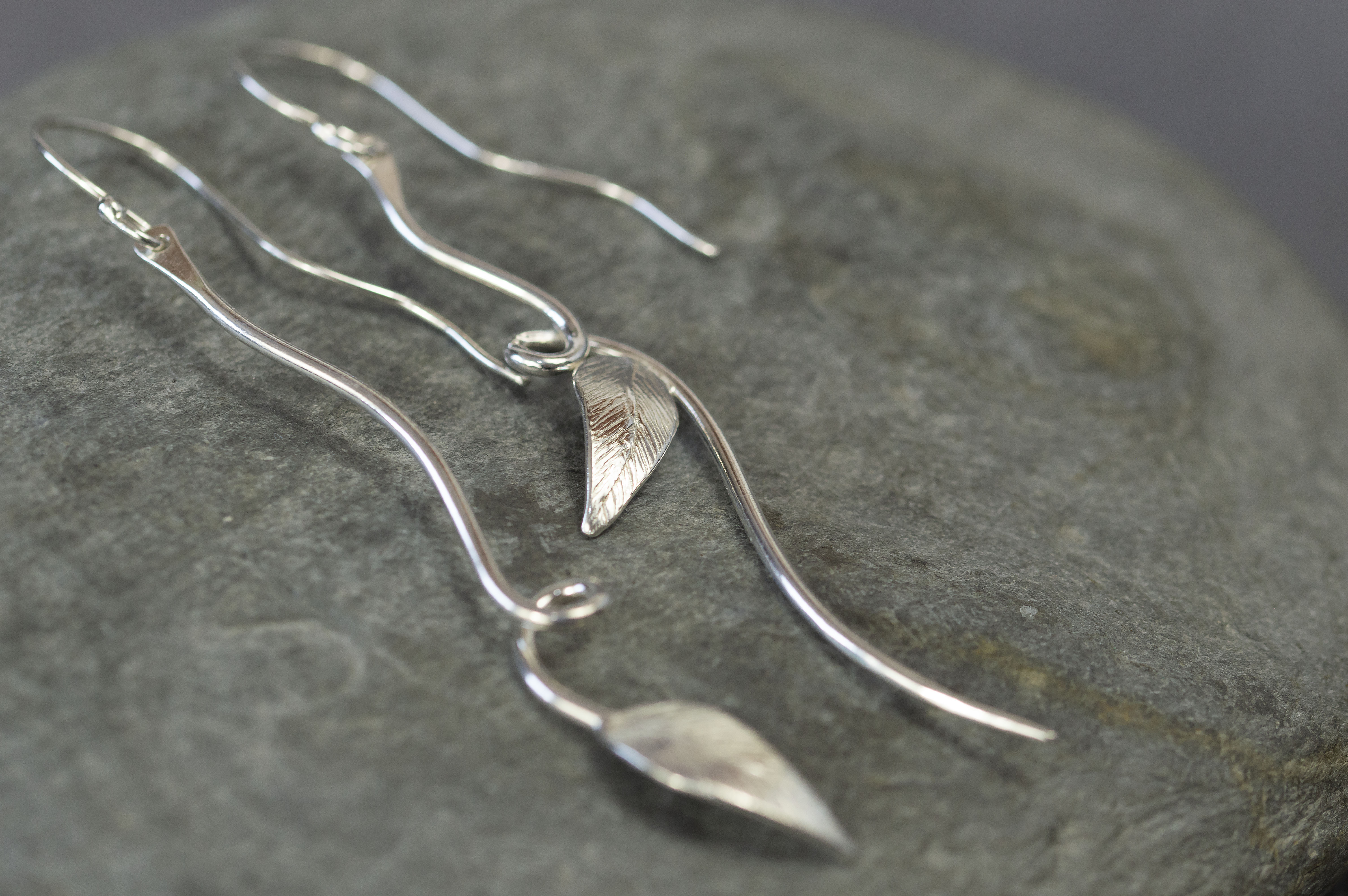 Long silver leaf earrings