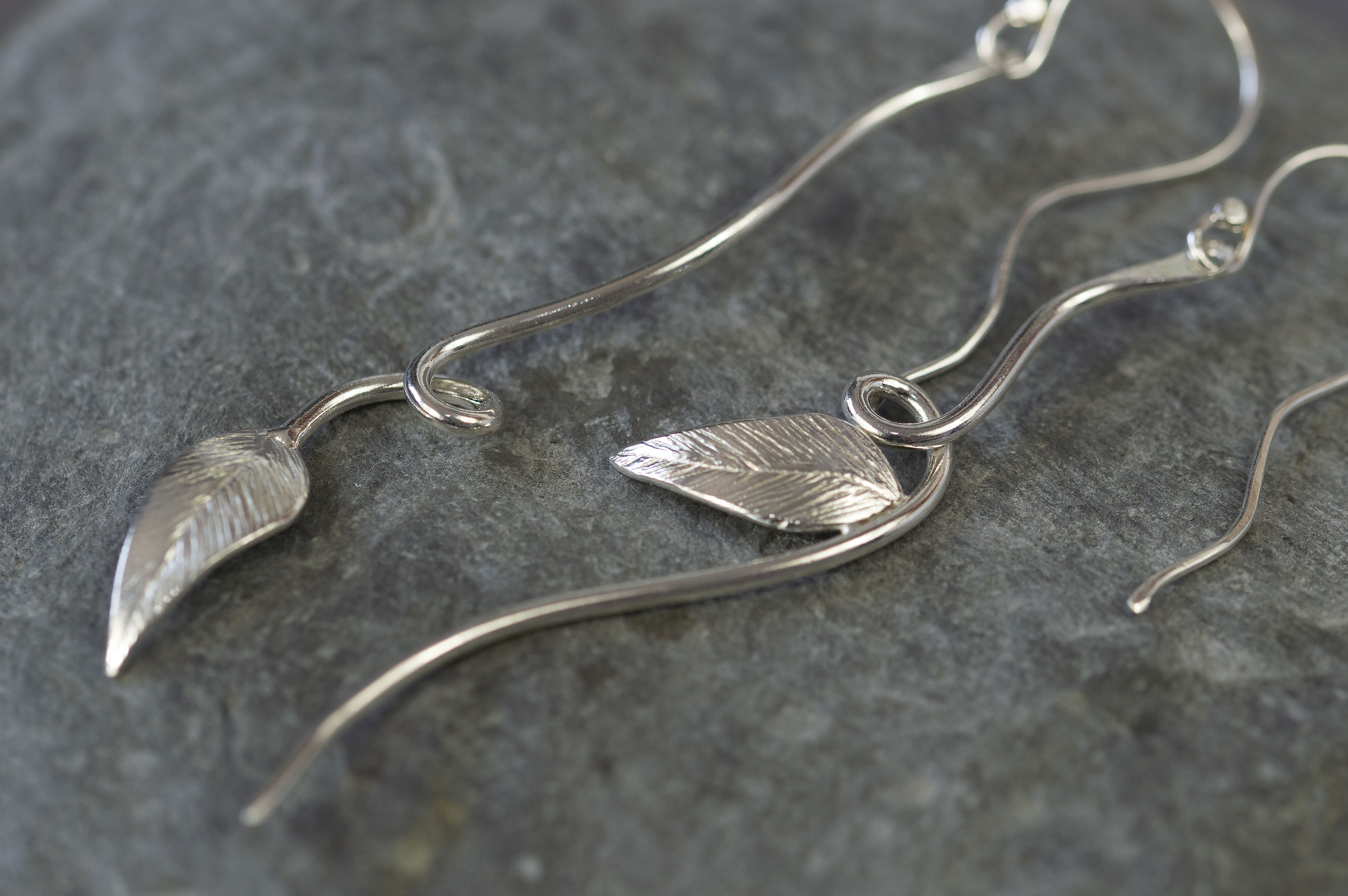 long sterling silver leaf earrings, handmade