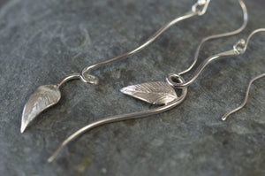 long sterling silver leaf earrings, handmade