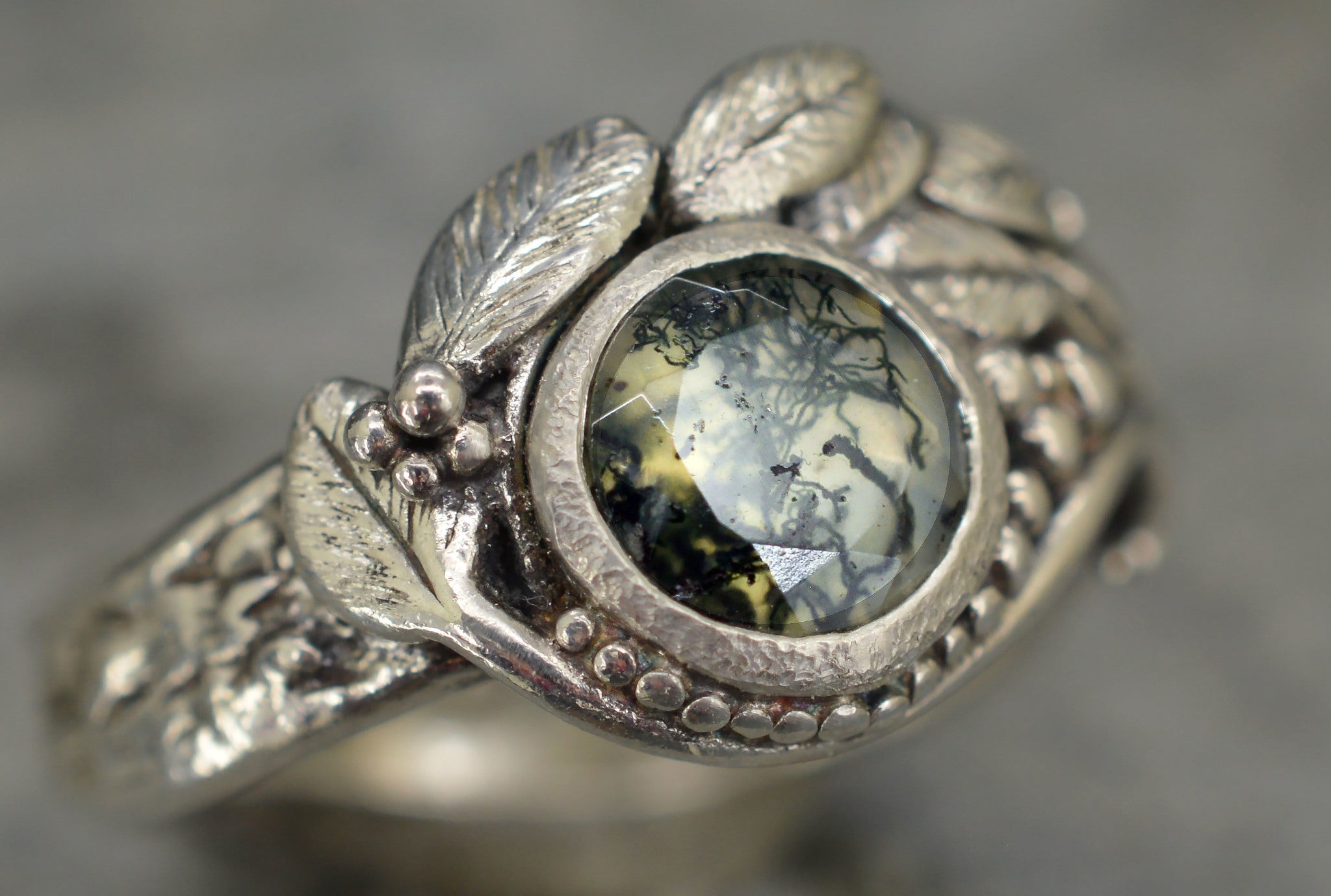 Moss agate leaf ring