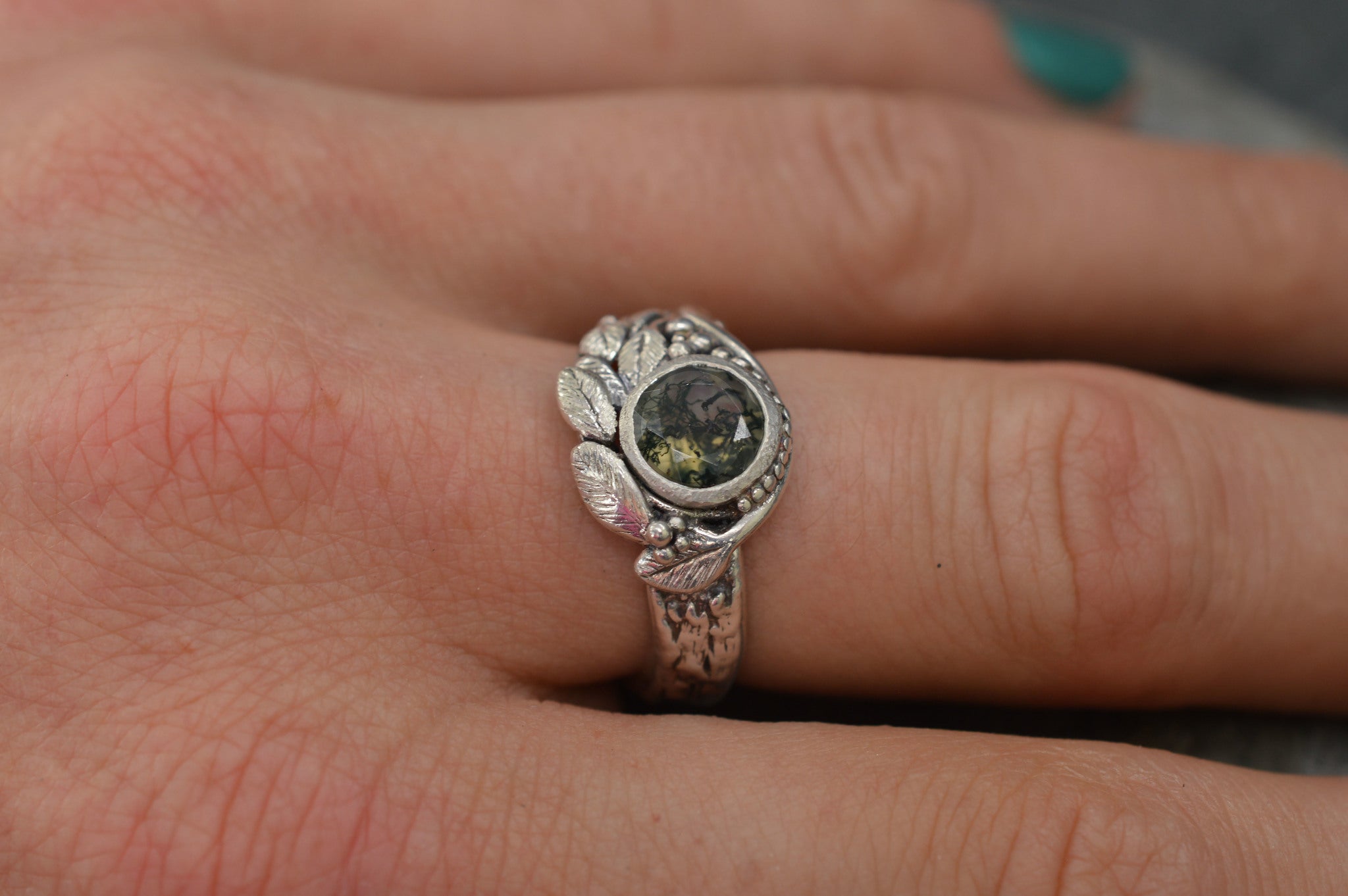 Moss agate leaf ring